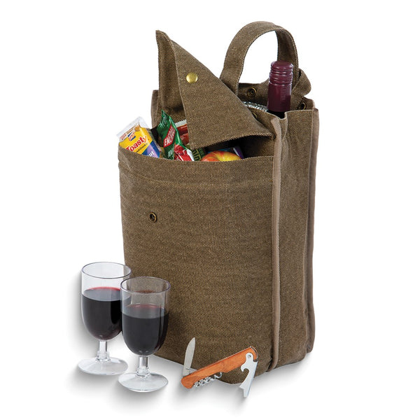 Silverado II Brown Canvas Wine Cooler/Tote with 2 Goblets and Corkscrew