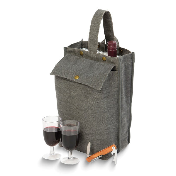 Silverado II Grey Canvas Wine Cooler/Tote with 2 Goblets and Corkscrew