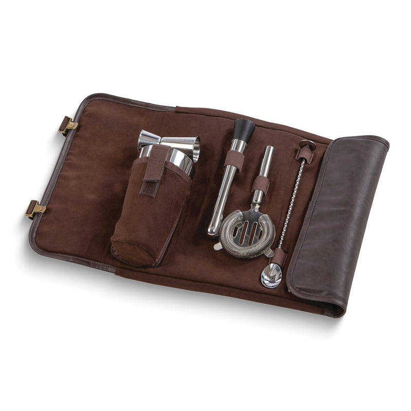 Stainless Steel Cocktail Bar Tools in  Roll Up Brown Vegan Leather Case