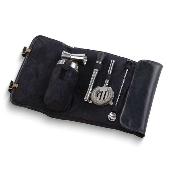Stainless Steel Cocktail Bar Tools in  Roll Up Black Vegan Leather Case