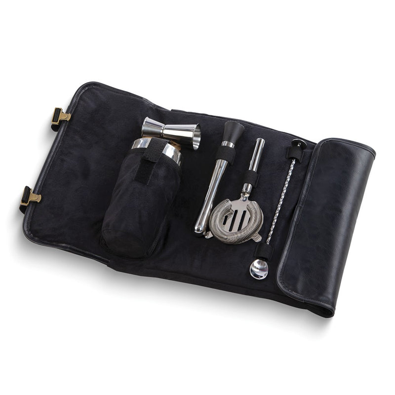 Stainless Steel Cocktail Bar Tools in  Roll Up Black Vegan Leather Case