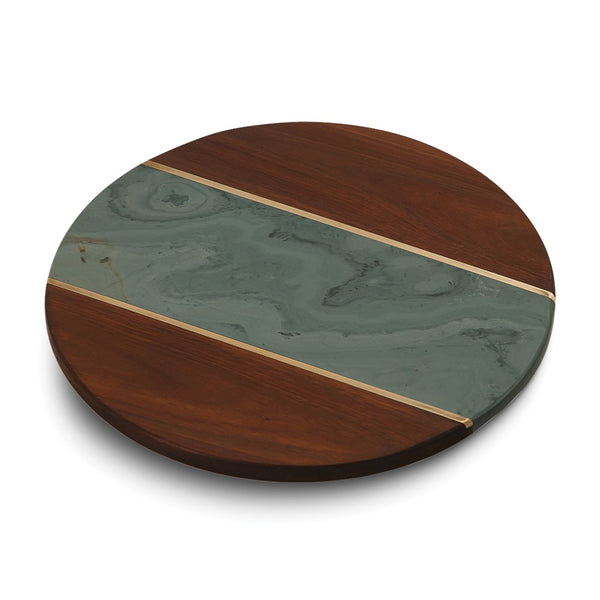 Campello Lazy Susan Acacia Wood, Brass, and Green Marble Board