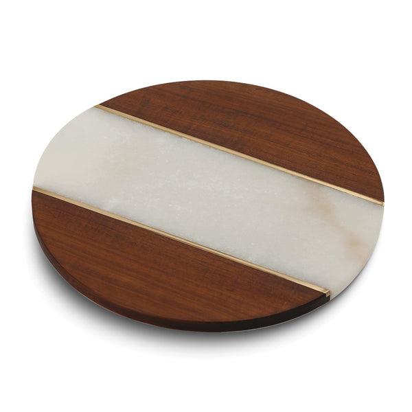 Campello Lazy Susan Acacia Wood, Brass, and White Marble Board