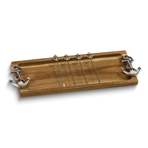 Foodie Bites Acacia Wood Board with Anchor Handles and 4 Stainless Steel Picks