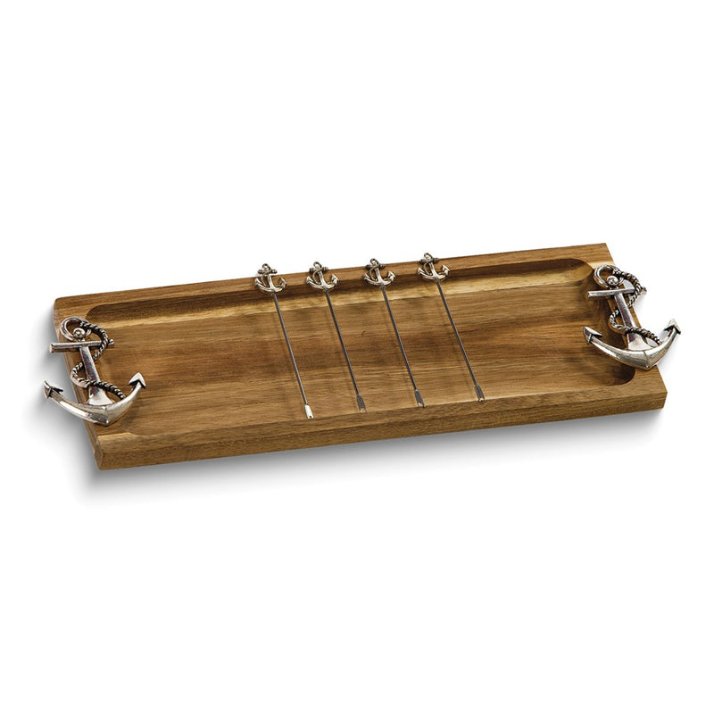 Foodie Bites Acacia Wood Board with Anchor Handles and 4 Stainless Steel Picks