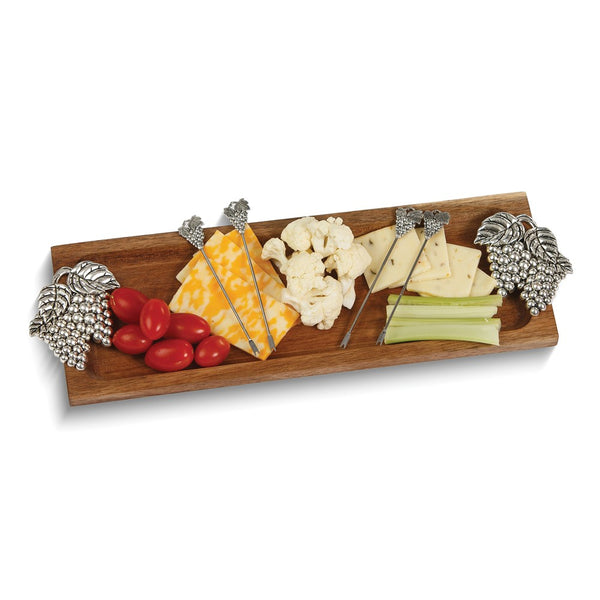 Foodie Bites Acacia Wood Board with Grape Handles and 4 Stainless Steel Picks