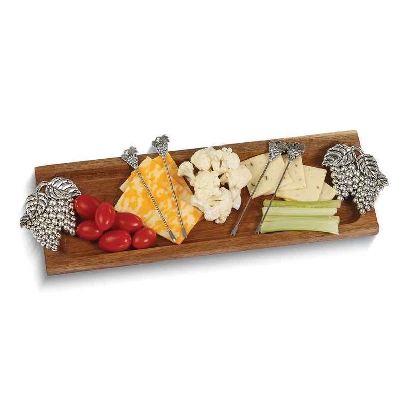 Foodie Bites Acacia Wood Board with Grape Handles and 4 Stainless Steel Picks