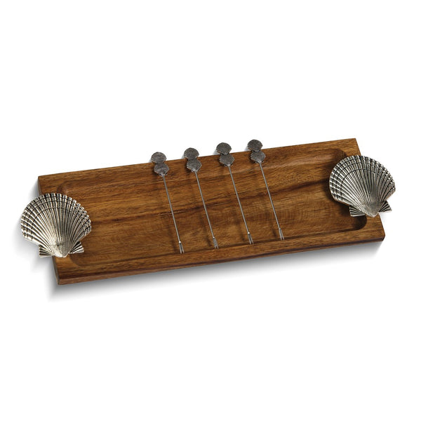 Foodie Bites Acacia Wood Board with Sea Shell Handles and 4 Stainless Steel Picks