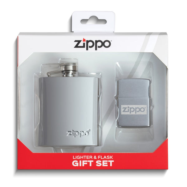 Zippo Logo 3 ounce Stainless Steel Flask and Brushed Chrome Lighter Set