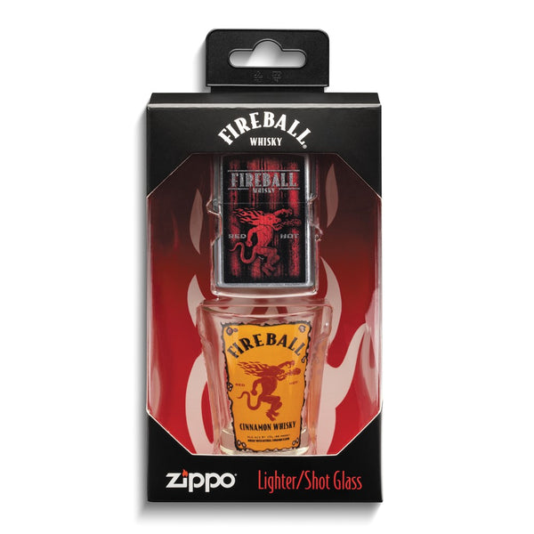 Zippo Fireball Logo Shot Glass and Street Chrome Lighter Set