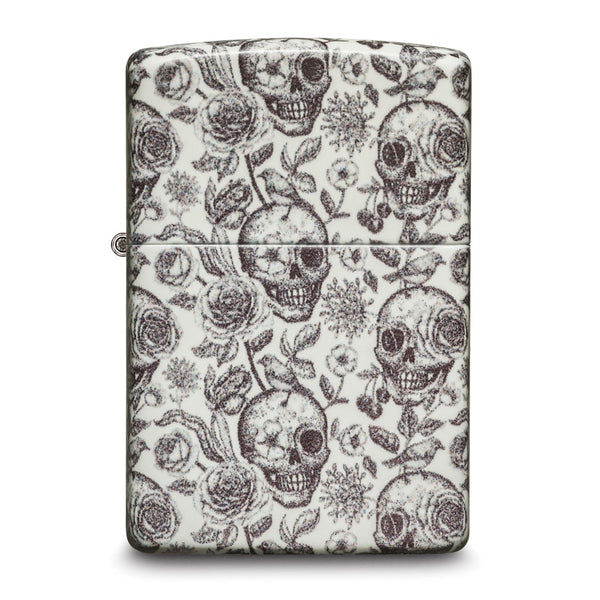 Zippo Glow in the Dark Green Floral Skull Design Lighter