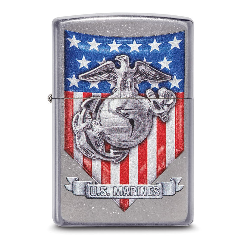 Zippo Street Chrome US Marine Corps Emblem and Flag Lighter