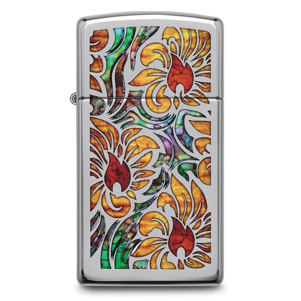 Zippo Slim Multi-color Floral Fusion High Polish Chrome Lighter