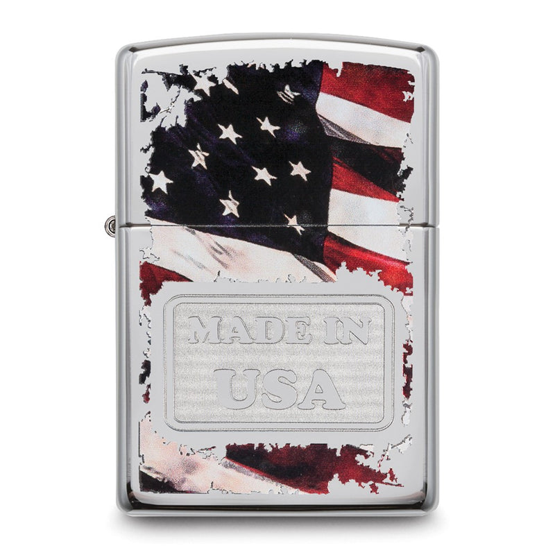 Zippo High Polish Chrome Made In USA Flag Lighter