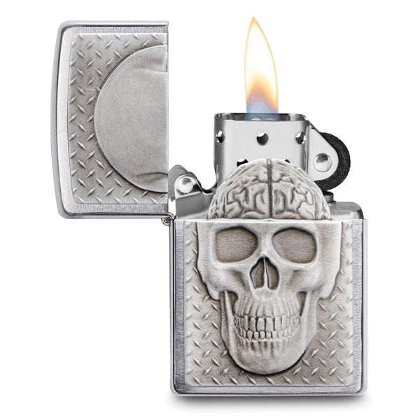 Zippo Brushed Chrome Skull with Brain Surprise Lighter