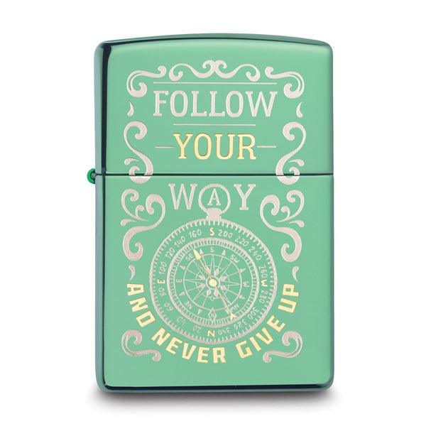 Zippo High Polish Green Follow Your Way And Never Give Up Compass Lighter