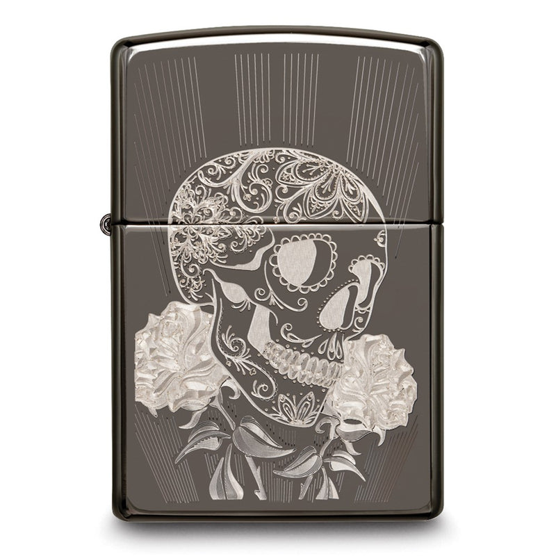 Zippo Black Ice Fancy Rose and Sugar Skull Design Lighter