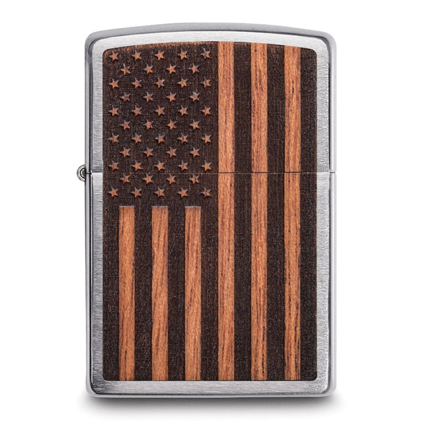 Zippo Woodchuck Brushed Chrome with Mahogany American Flag Emblem Lighter