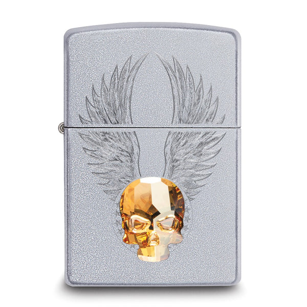 Zippo Satin Chrome with Swarovski Crystal Skull with Wings Lighter