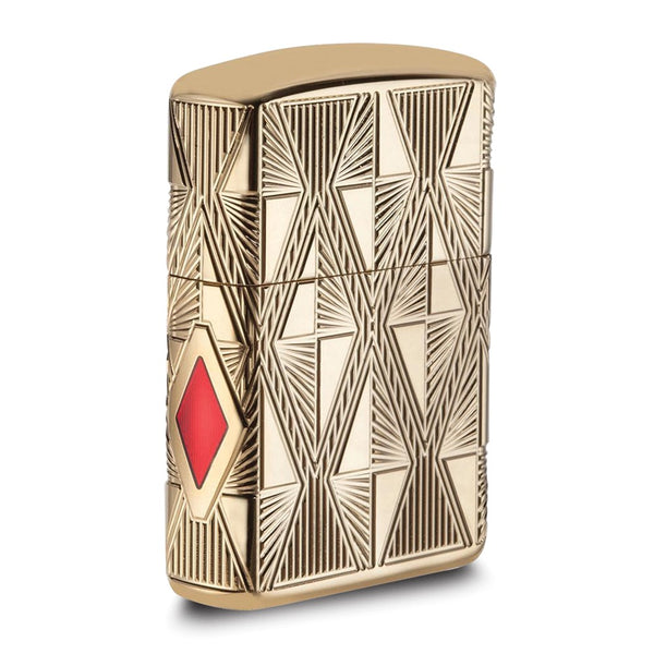 Zippo Armor High Polished Gold-plated with Red Epoxy Luxury Diamond Design on Front Edge Lighter