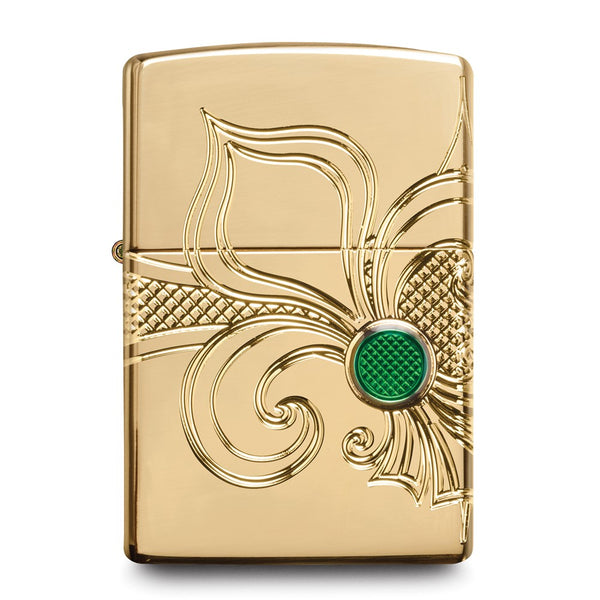 Zippo Armor High Polish Gold-plated Fleur de Lis with Green Epoxy Lighter