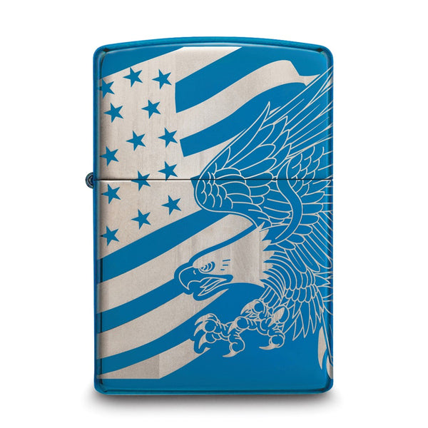 Zippo High Polish Blue Patriotic Eagle and Flag Design Lighter