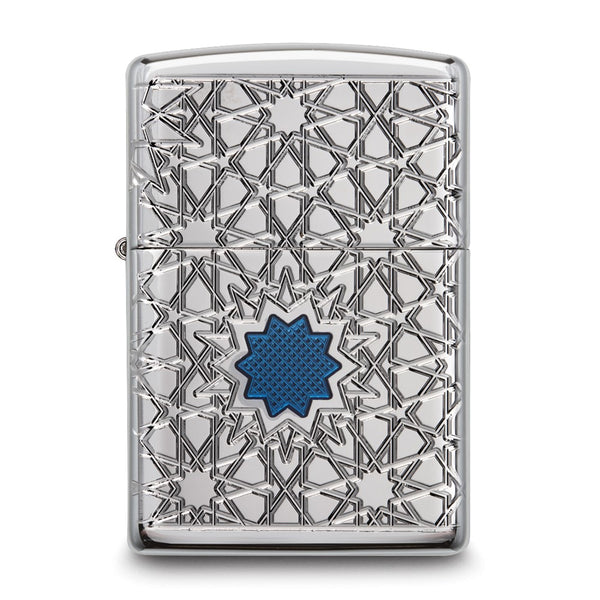 Zippo Armor High Polish Chrome with Blue Epoxy Star Pattern Lighter