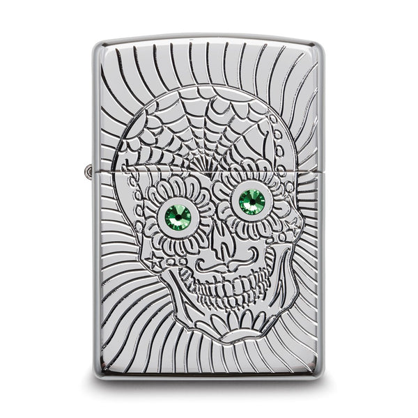 Zippo Armor High Polish Chrome with Green Swarovski Crystals Sugar Skull Design Lighter