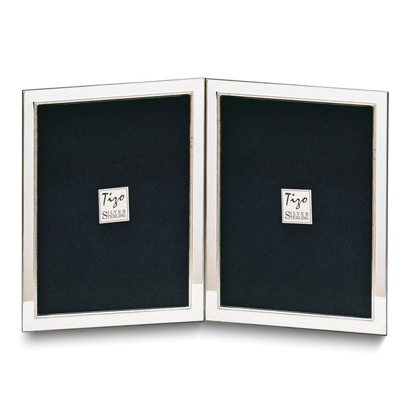 Sterling Silver Tarnish Resistant Narrow Portrait Hinged Beaded Double 5x7 Photo Frame with Finished Wood Back