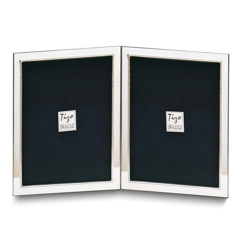Sterling Silver Tarnish Resistant Narrow Portrait Hinged Beaded Double 5x7 Photo Frame with Finished Wood Back