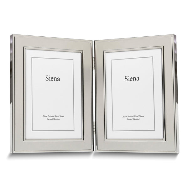 Bilaminate Sterling Silver Tarnish-resistant Beveled Border Portrait Hinged Double 4x6 Photo Frame