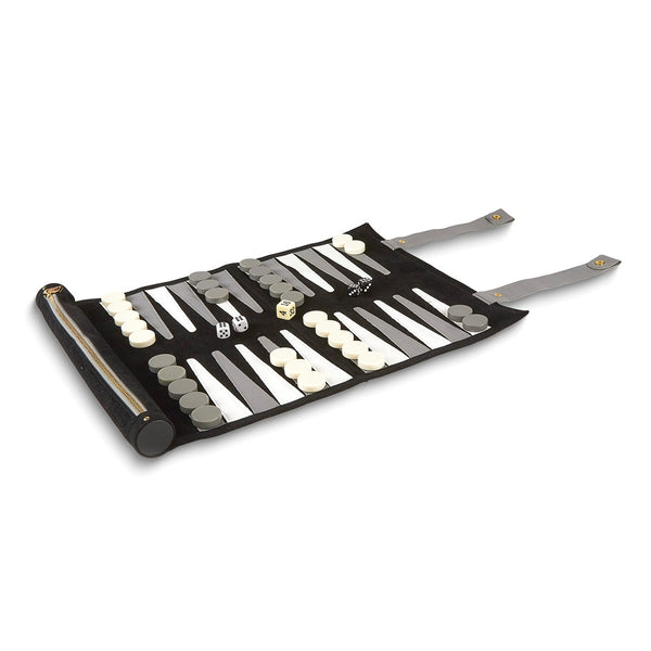 Black Rolled Travel Backgammon Set with Zippered Storage Pocket