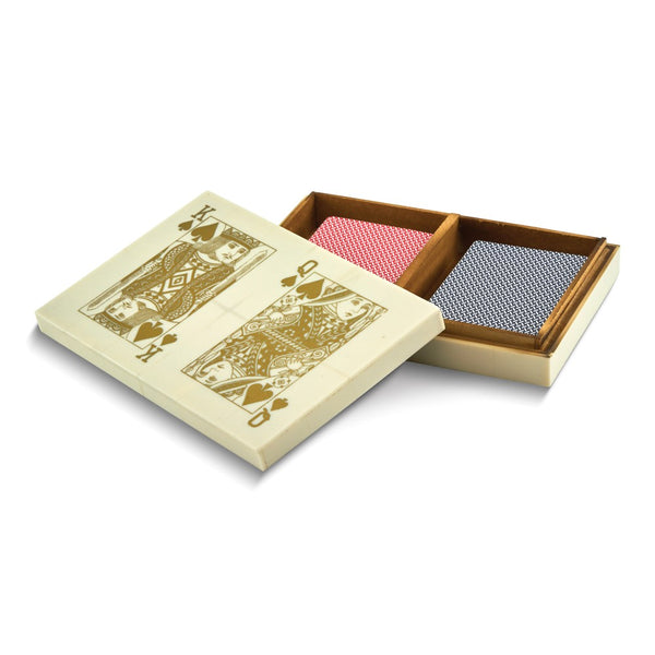 Two Playing Card Decks Within A Gold-tone Bone Storage Box