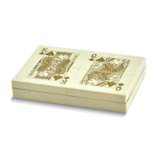 Two Playing Card Decks Within A Gold-tone Bone Storage Box