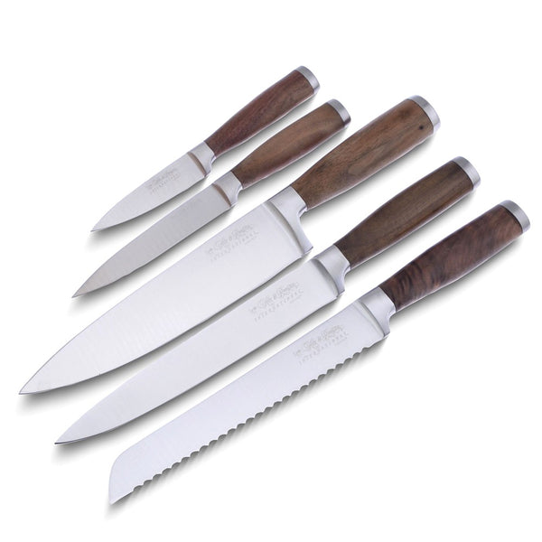 Stainless Steel with Walnut Wood Handles 5 Piece Kitchen Knife Set with Acacia Wood Storage Block