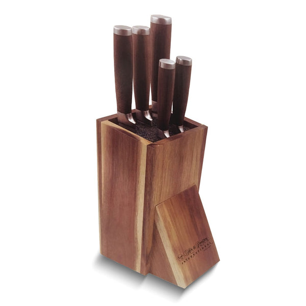 Stainless Steel with Walnut Wood Handles 5 Piece Kitchen Knife Set with Acacia Wood Storage Block