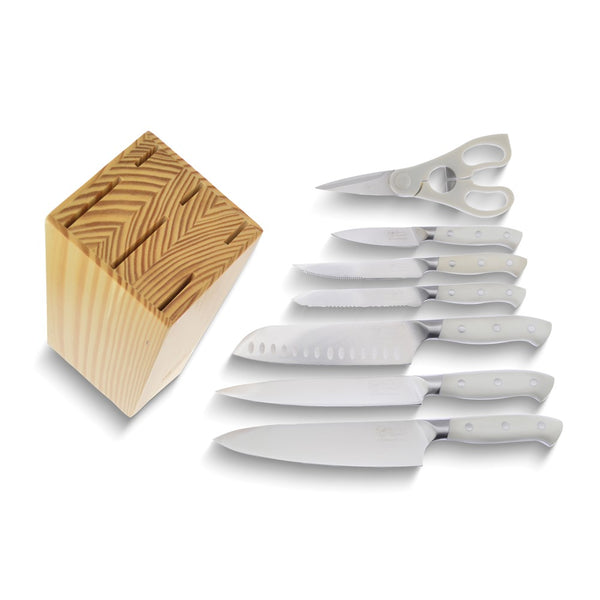 Stainless Steel with White ABS Handles 7 Piece Kitchen Knife Set with Wood Storage Block