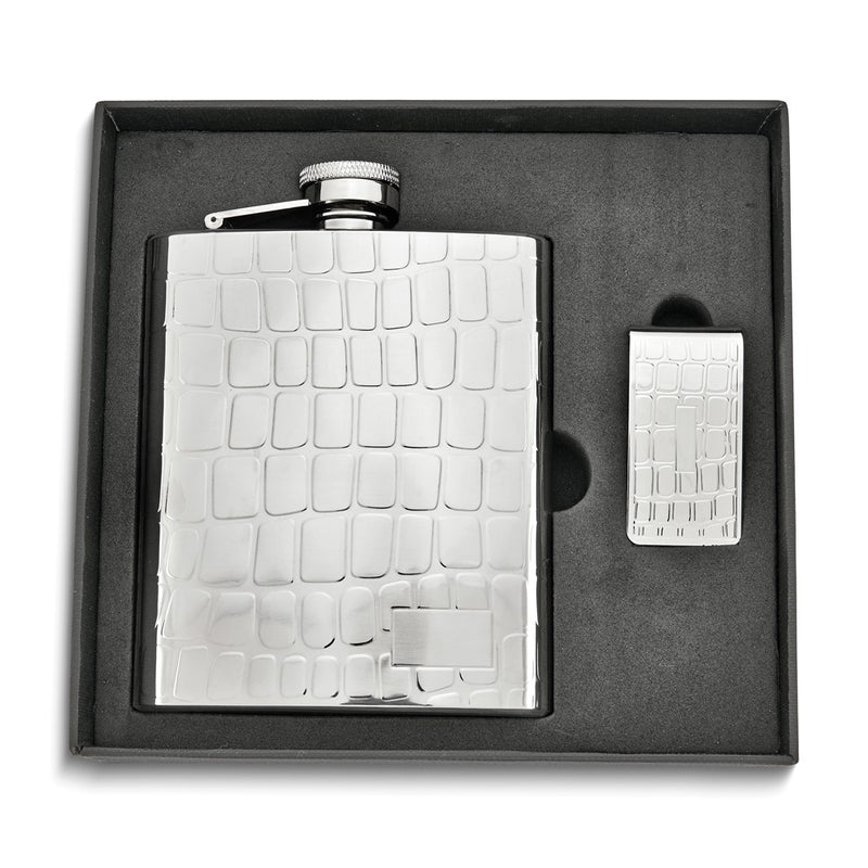 8 ounce Stainless Steel Croco Textured Flask and Money Clip Gift Boxed Set