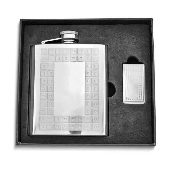 8 ounce Stainless Steel Geometric Design with Center Engraving Area Flask and Money Clip Gift Set
