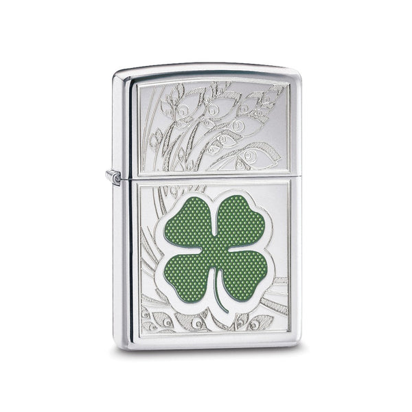 Zippo Green Four-leaf Clover High Polish Chrome Lighter