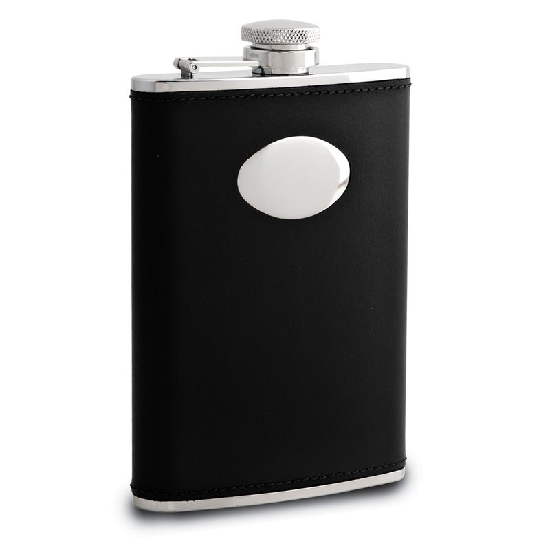 Rebel Steel Black Faux Leather Covered 8 ounce Stainless Steel Flask with Funnel and Oval Engraving Area