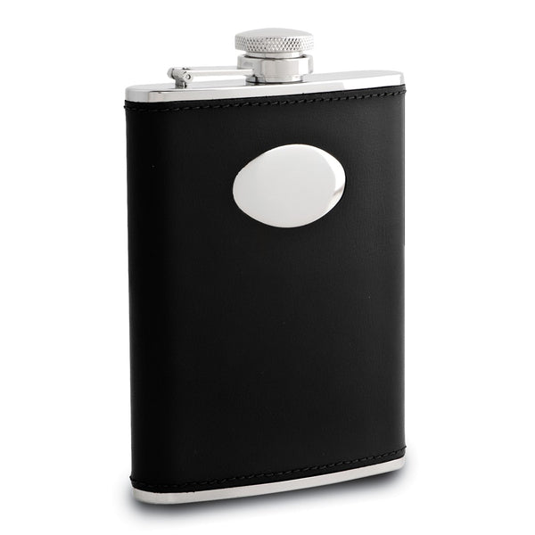 Rebel Steel Black Faux Leather Covered 6 ounce Stainless Steel Flask with Funnel and Oval Engraving Area