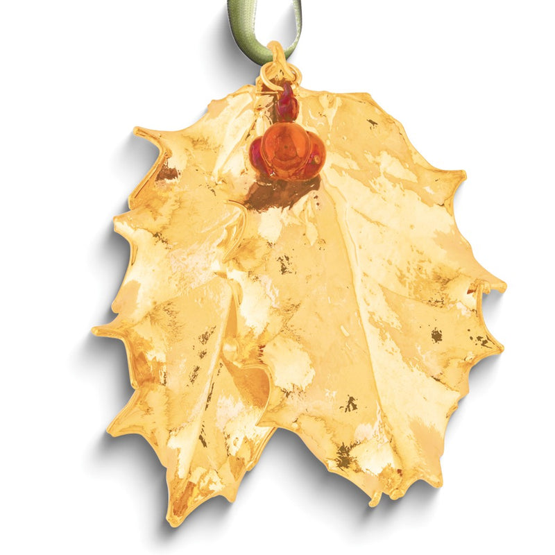 24k Dipped Real Holly Leaves and Iridescent Copper Real Berries Decorative Ornament