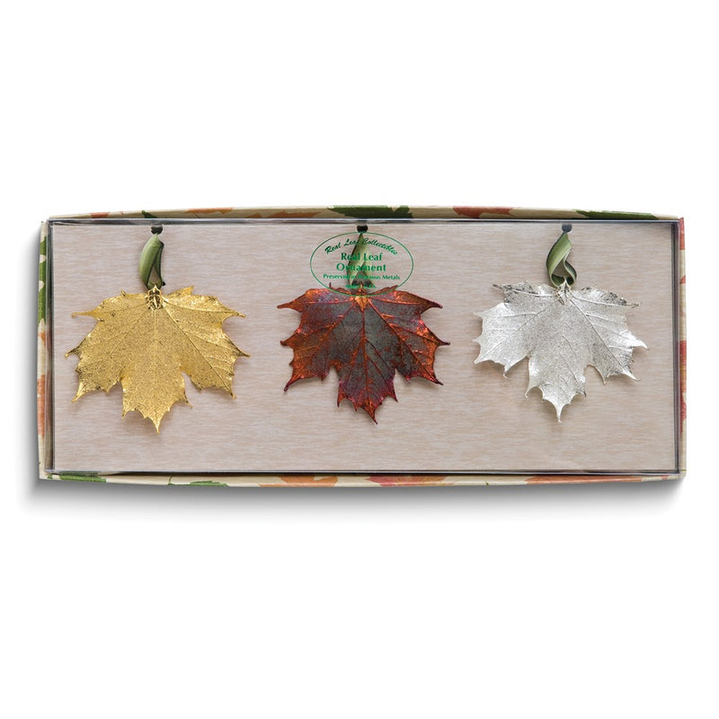 24k/Silver/Iridescent Copper Dipped Real Maple Leaves Ornament Set