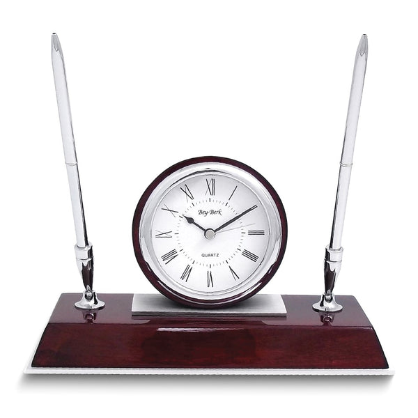 Dresden Polished Rosewood Finish Quartz Desk Clock with 2 Pens and Engraving Plate