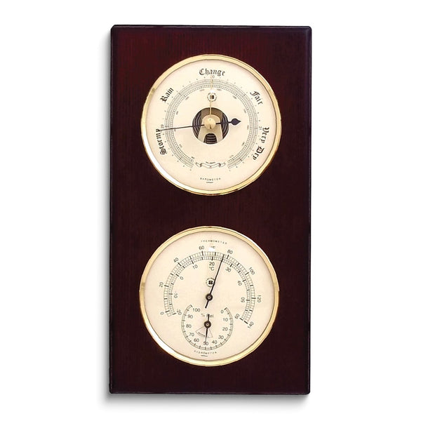 Brass and Mahogany Finish Wood Barometer, Thermometer, and Hygrometer