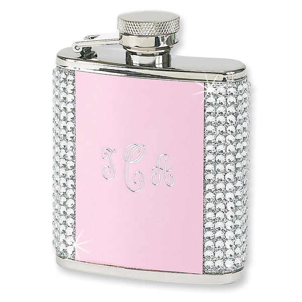 2.5 ounce Stainless Steel and Crystal with Pink Aluminum Engraving Plate Flask