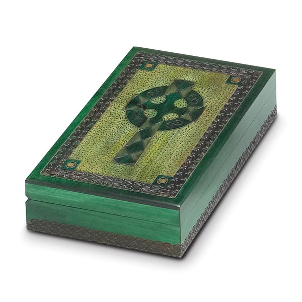 Handcrafted Painted Green Wooden Celtic Cross Box