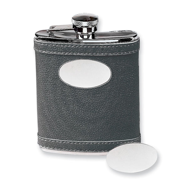 6 ounce Stainless Steel Black Faux Leather Covered Flask with Oval Engraving Plate