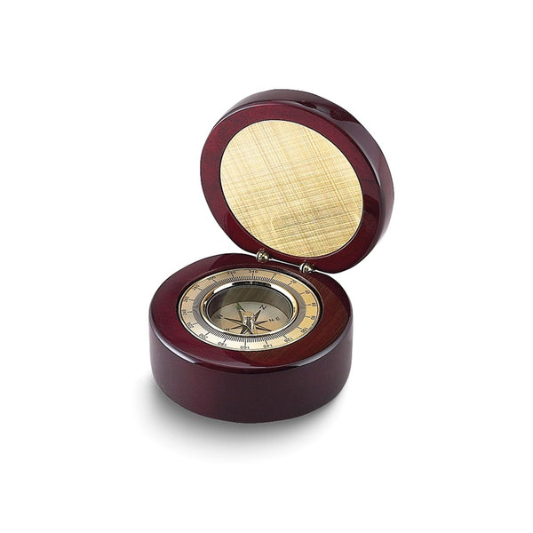 Round Rosewood Finish Wood Box with Compass and Engraving Plate